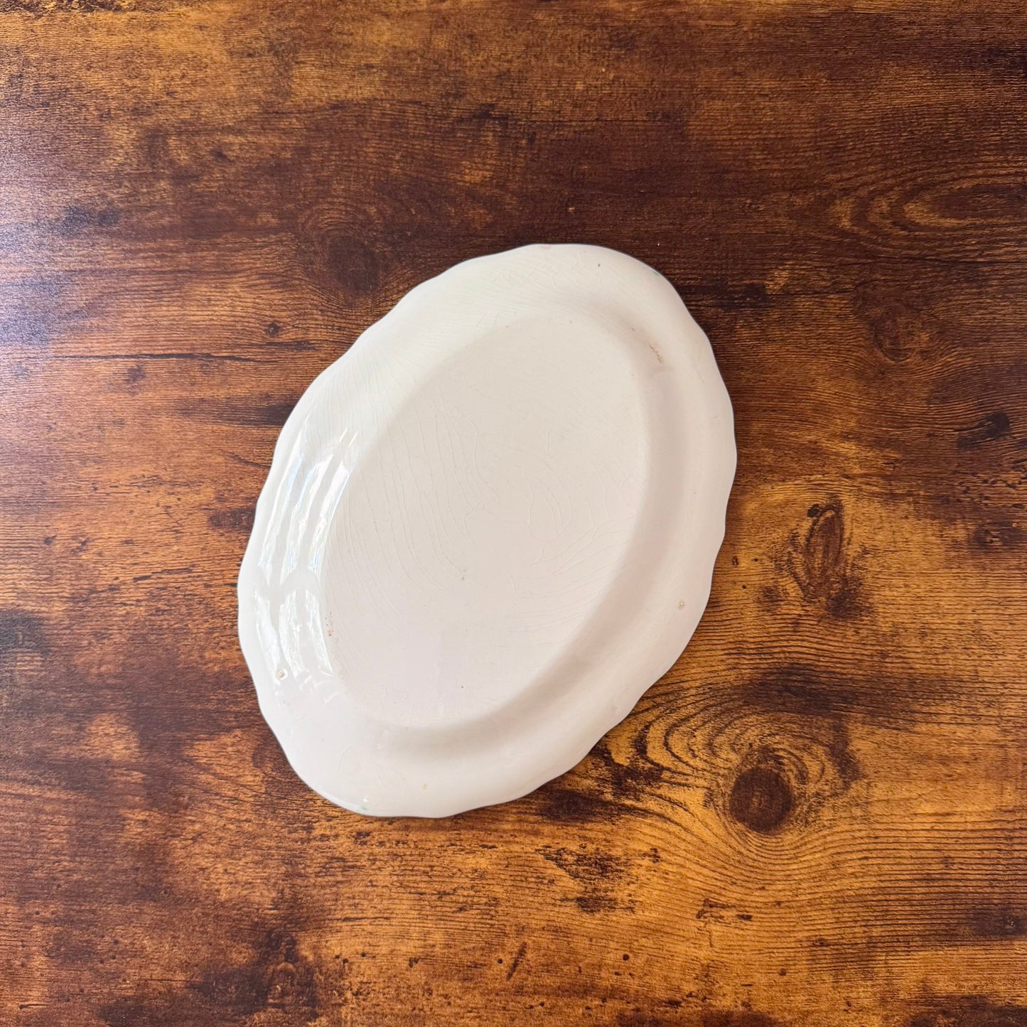 Antique Oval Serving Plate | Green Floral Border | Textured Scalloped Rim