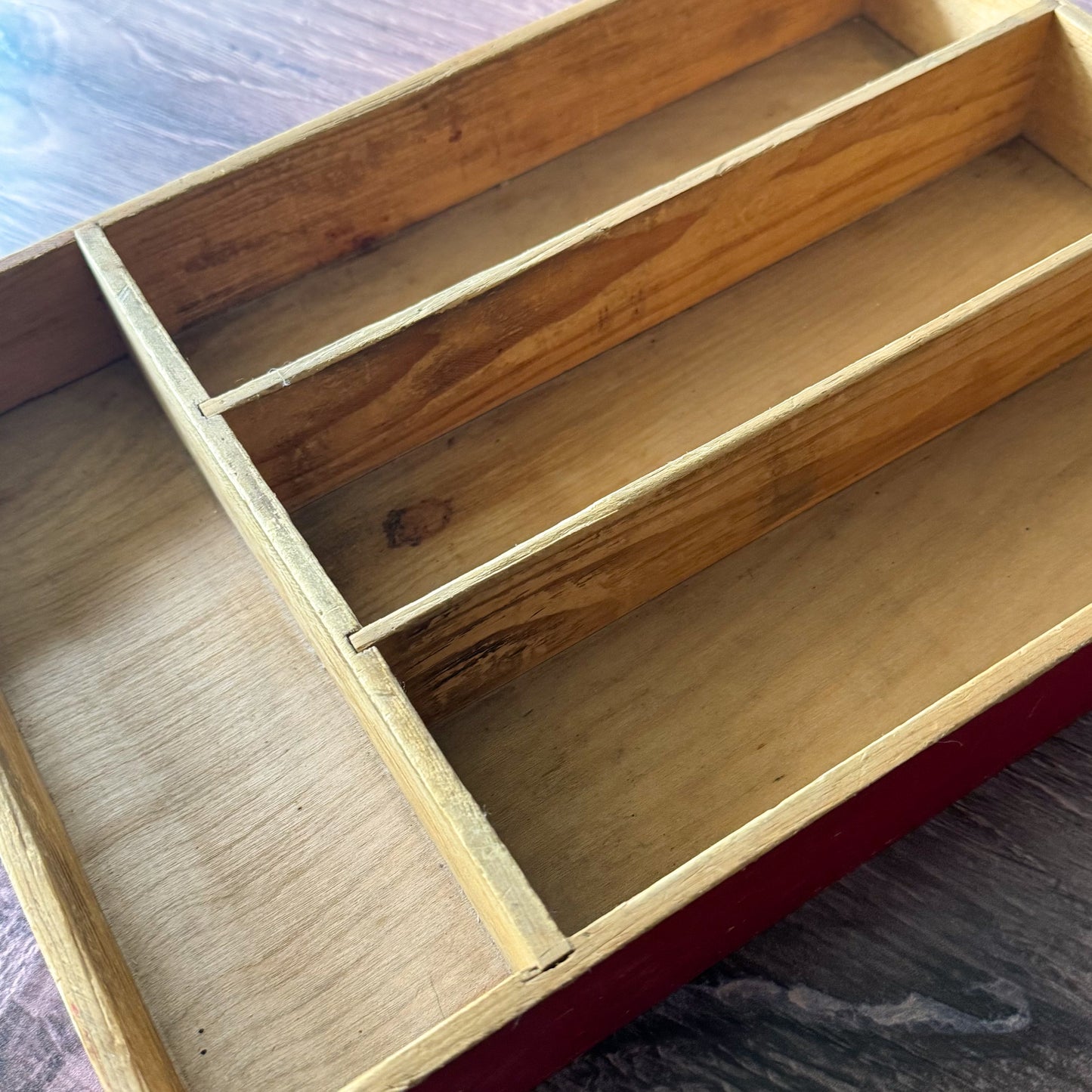 Vintage Wood Silverware Tray | Rustic Red