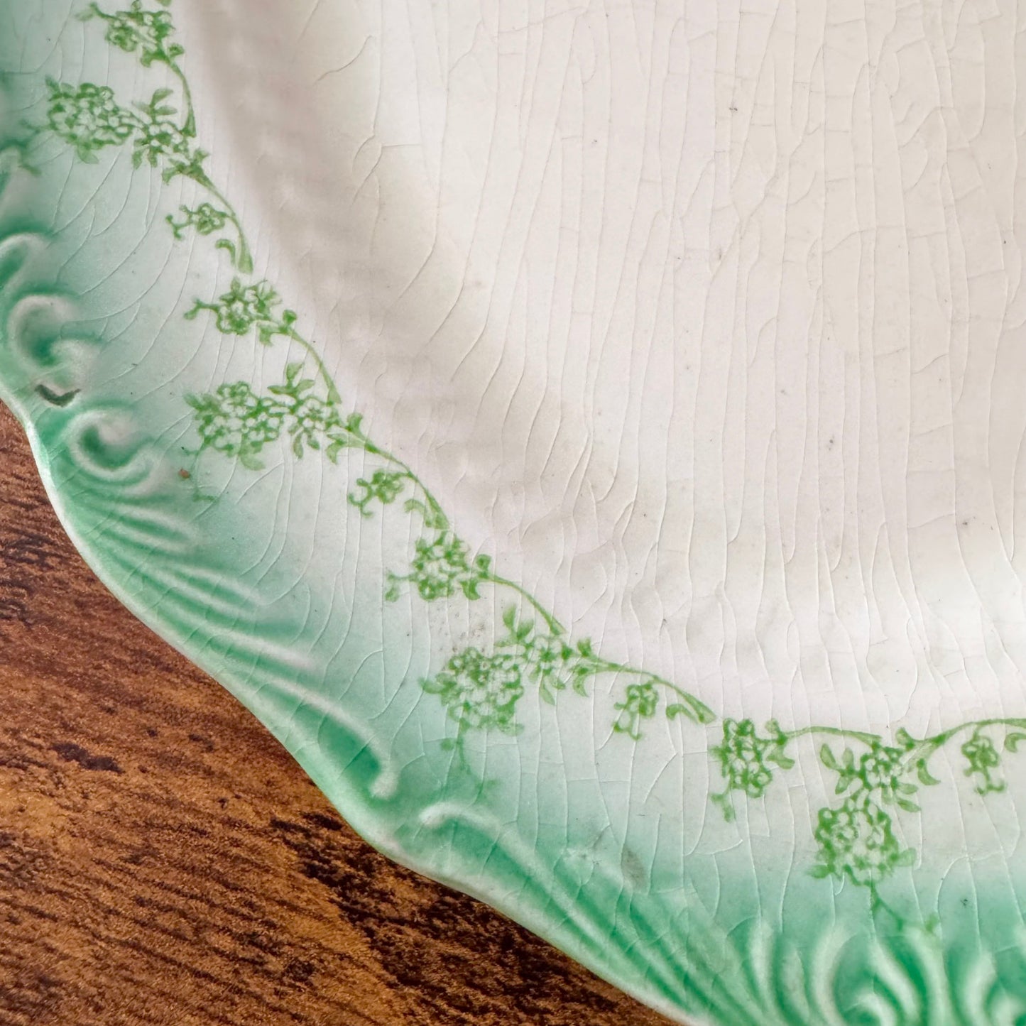 Antique Oval Serving Plate | Green Floral Border | Textured Scalloped Rim