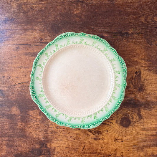 Antique Dinner Plate | Green Floral Border | Textured Scalloped Rim