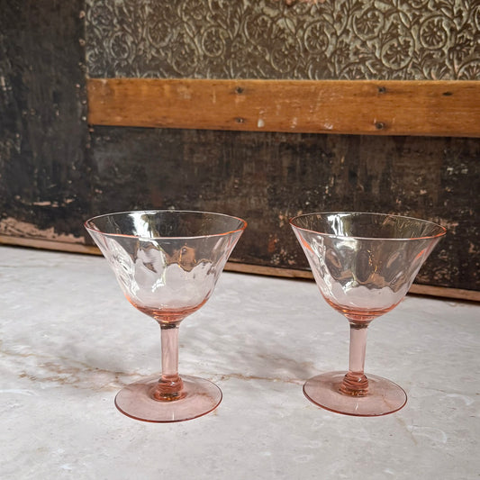Vintage Diamond Optic Coupe Glasses (2) | Pink Depression Glass