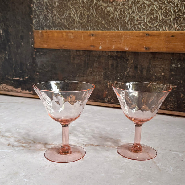 Vintage Diamond Optic Coupe Glasses (2) | Pink Depression Glass