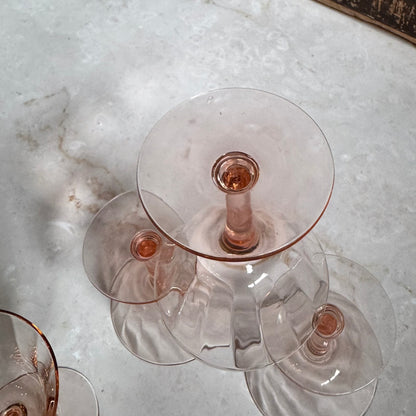 Vintage Lined Optic Coupe Glasses (4) | Pink Depression 4.5 inch Glass