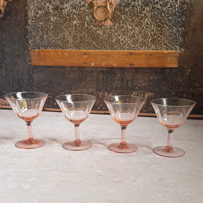 Vintage Lined Optic Coupe Glasses (4) | Pink Depression 4.5 inch Glass