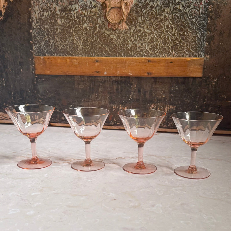 Vintage Lined Optic Coupe Glasses (4) | Pink Depression 4.5 inch Glass