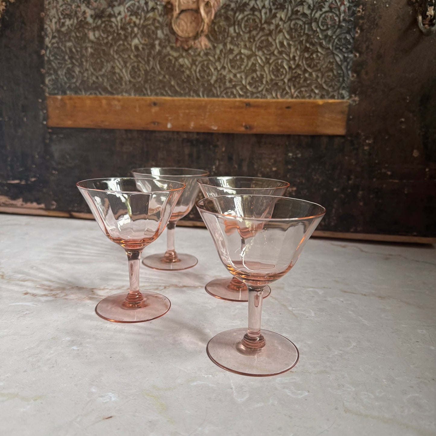 Vintage Lined Optic Coupe Glasses (4) | Pink Depression 4.5 inch Glass
