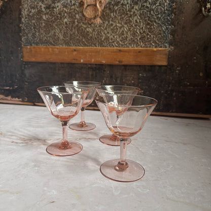 Vintage Lined Optic Coupe Glasses (4) | Pink Depression 4.5 inch Glass