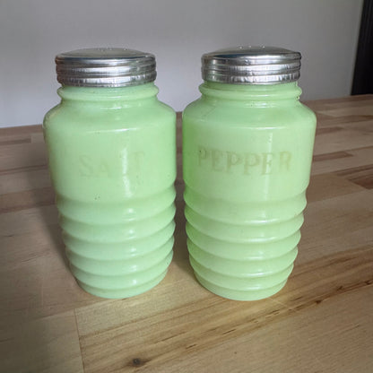 1930s Jeannette Beehive Jadeite Range Shakers | Uranium Glass | Set of 2