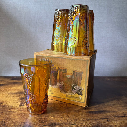 Vintage Harvest Grape Tumbler Set with Box | Carnival Glass | Indiana Glass