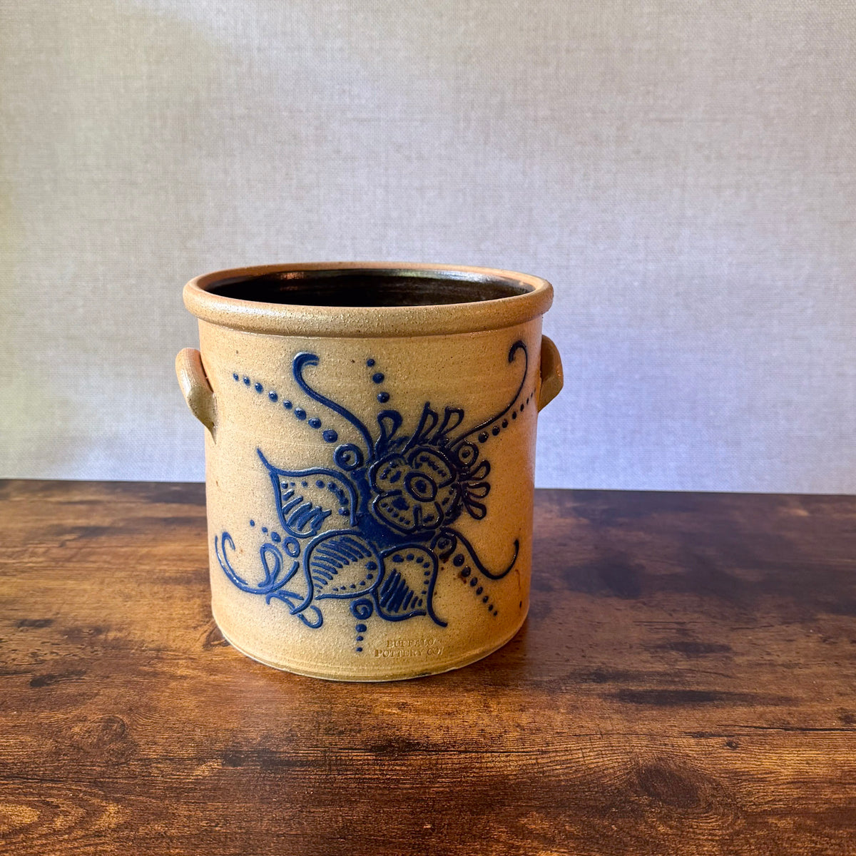 Vintage Buffalo Pottery Co. Salt-Glazed Stoneware Crock with Cobalt Floral Design