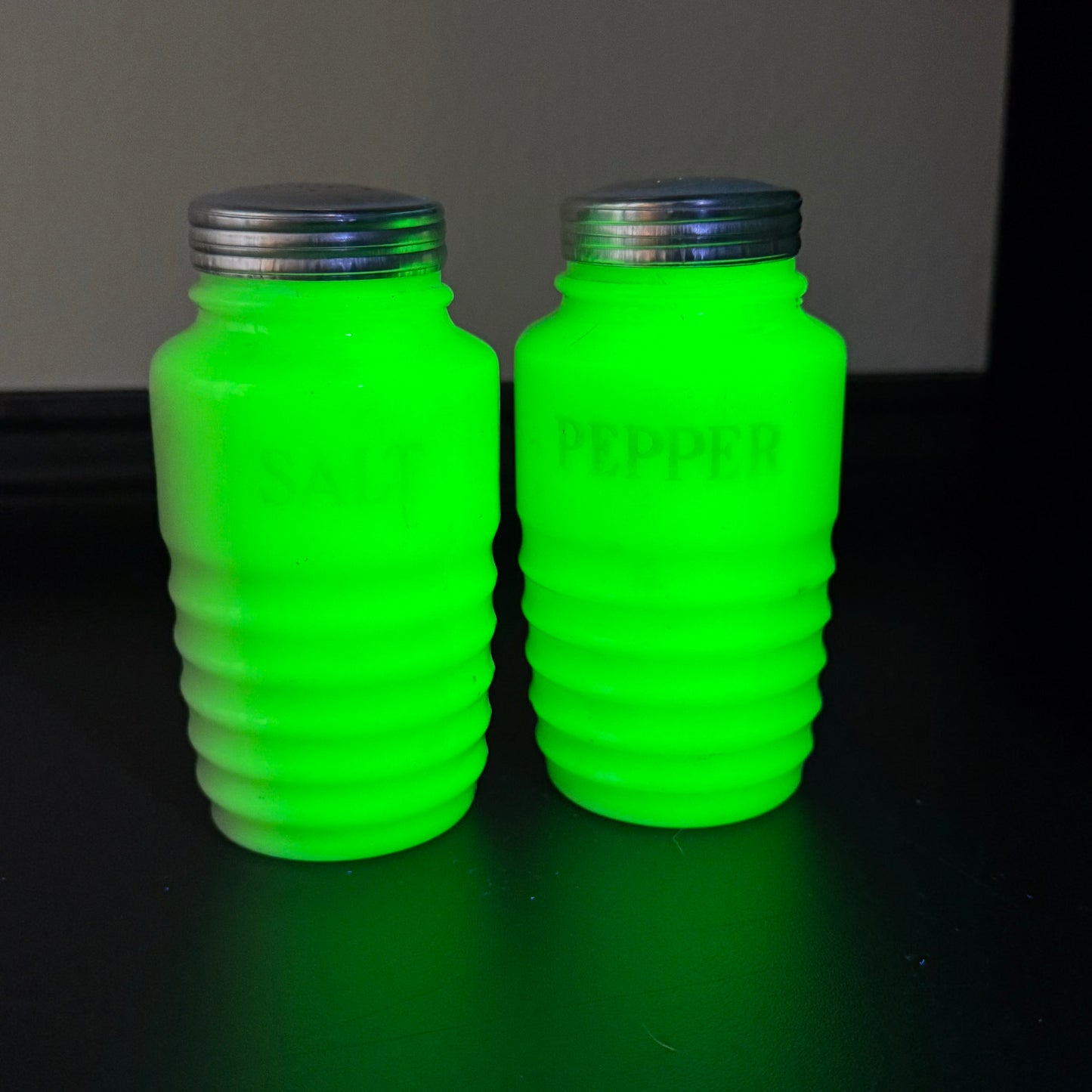 1930s Jeannette Beehive Jadeite Range Shakers | Uranium Glass | Set of 2