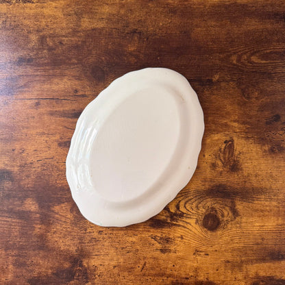 Antique Oval Serving Plate | Green Floral Border | Textured Scalloped Rim