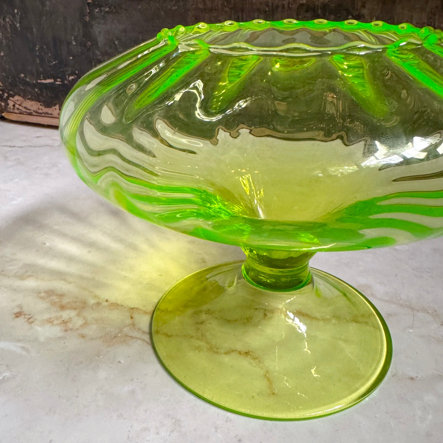 Vintage Footed Glass Vase | Uranium Vaseline Glass | Empoli Region Italy