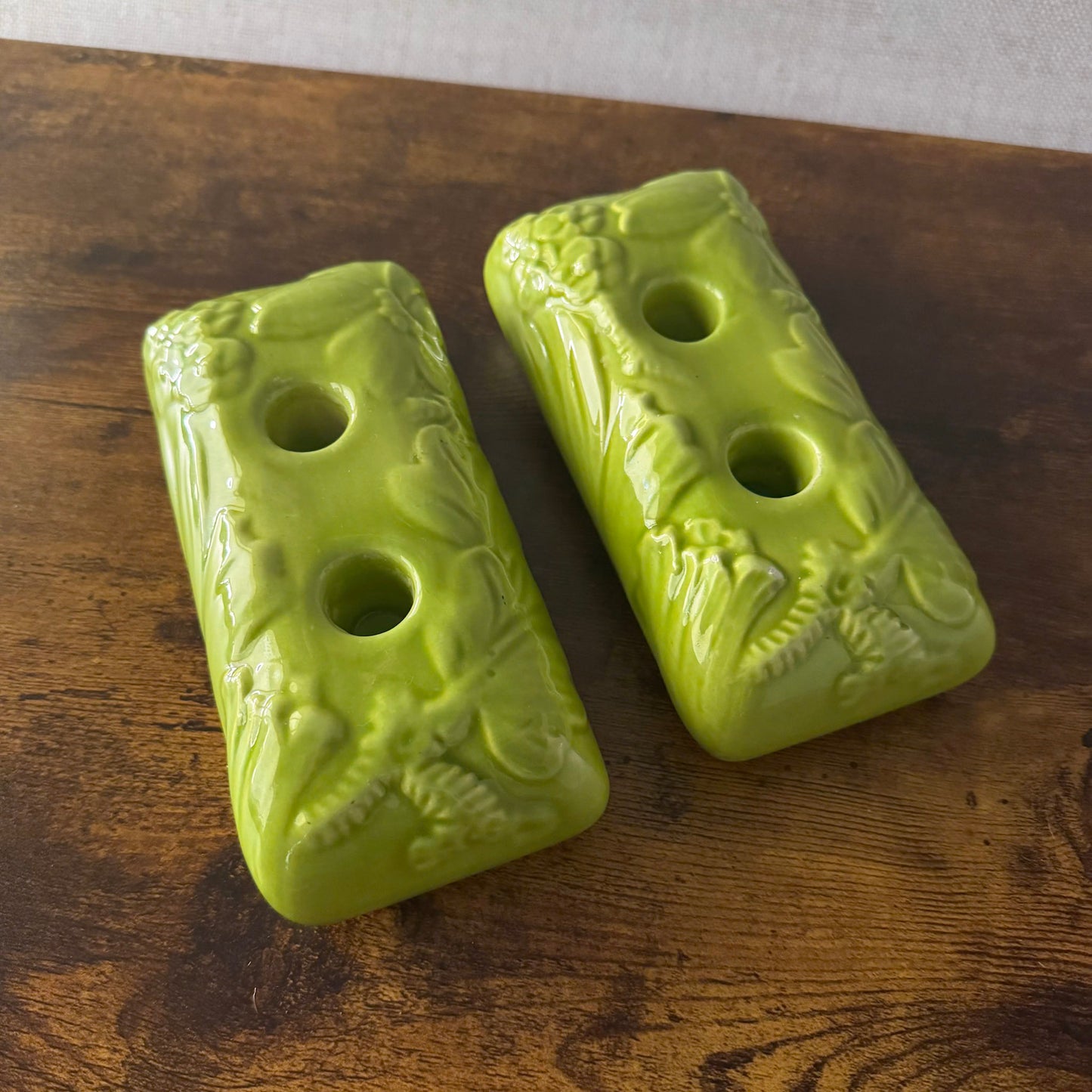 Royal Haeger R682 Flower Bricks | Chartreuse Ceramic Candle Holders