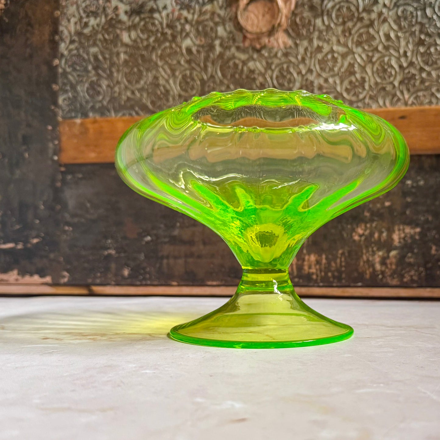 Vintage Footed Glass Vase | Uranium Vaseline Glass | Empoli Region Italy