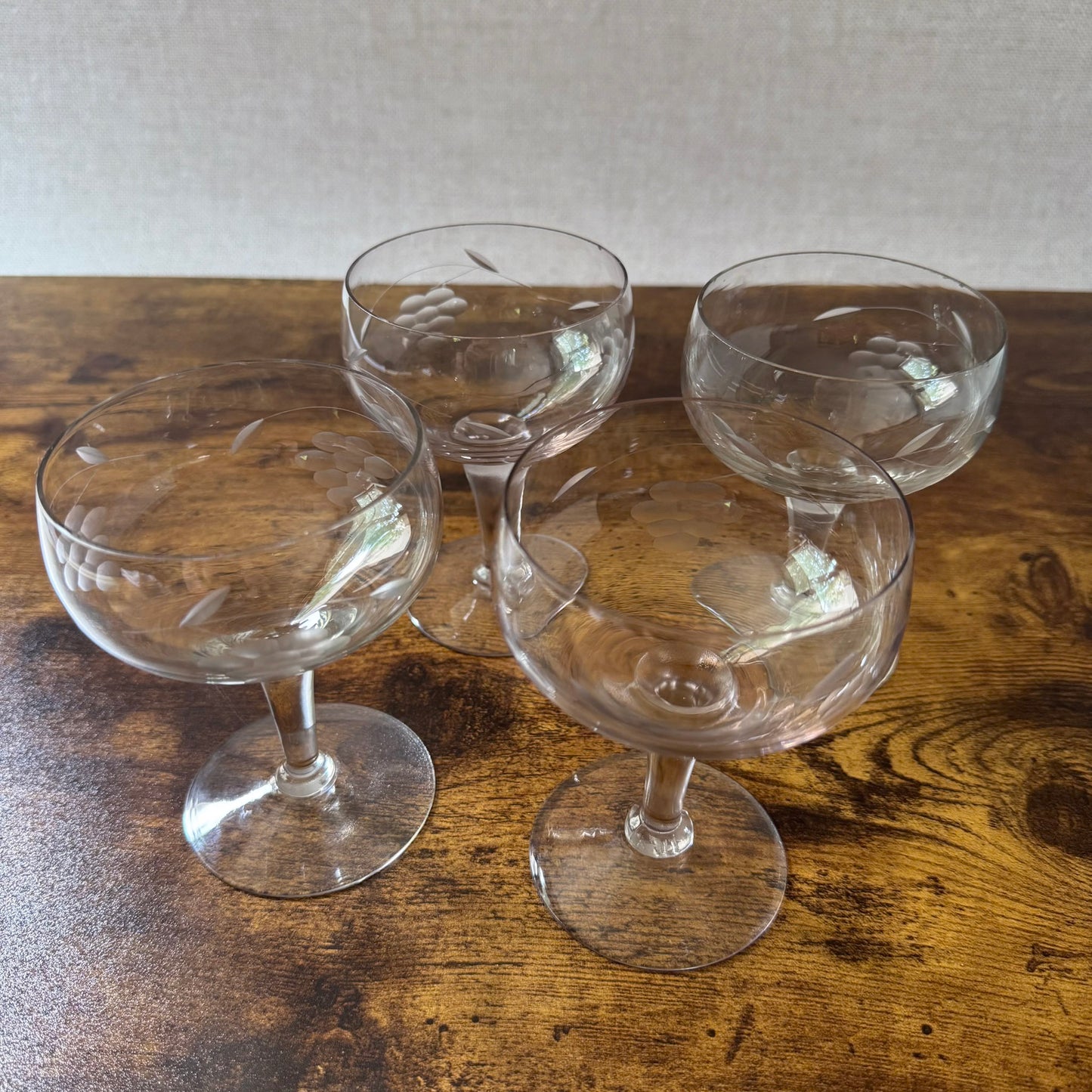 Vintage Etched Champagne Coupes | Grape Vine Glass | Set of 6