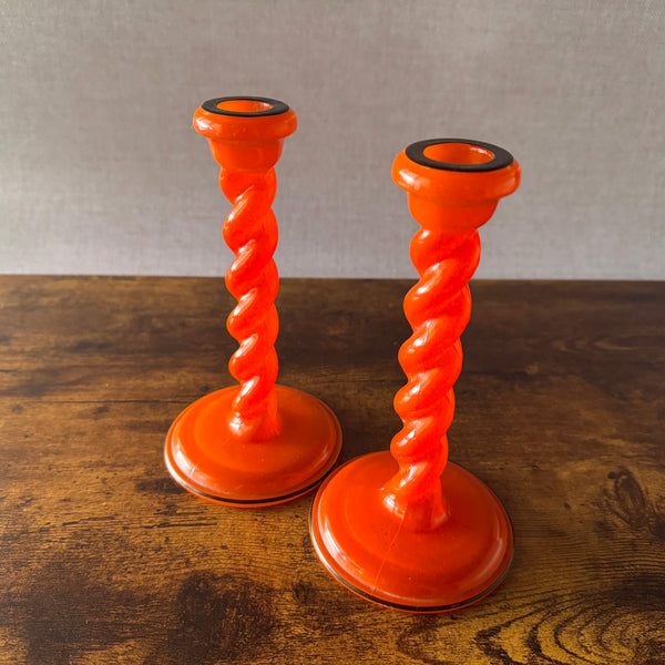 Vintage Orange & Black Glass Candlestick Holders | Spiral Twist | Set of 2