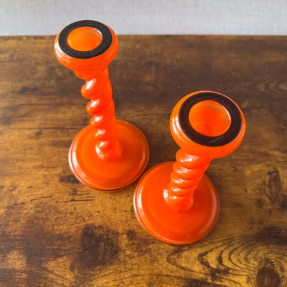 Vintage Orange & Black Glass Candlestick Holders | Spiral Twist | Set of 2