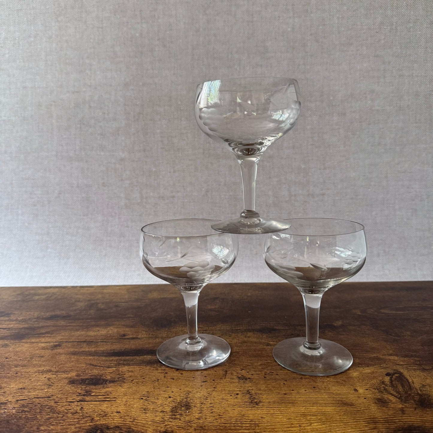 Vintage Etched Champagne Coupes | Grape Vine Glass | Set of 6