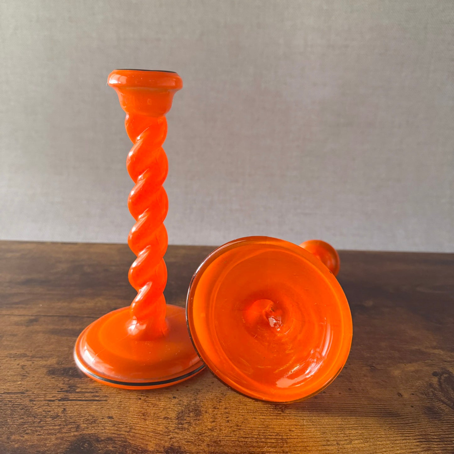 Vintage Orange & Black Glass Candlestick Holders | Spiral Twist | Set of 2