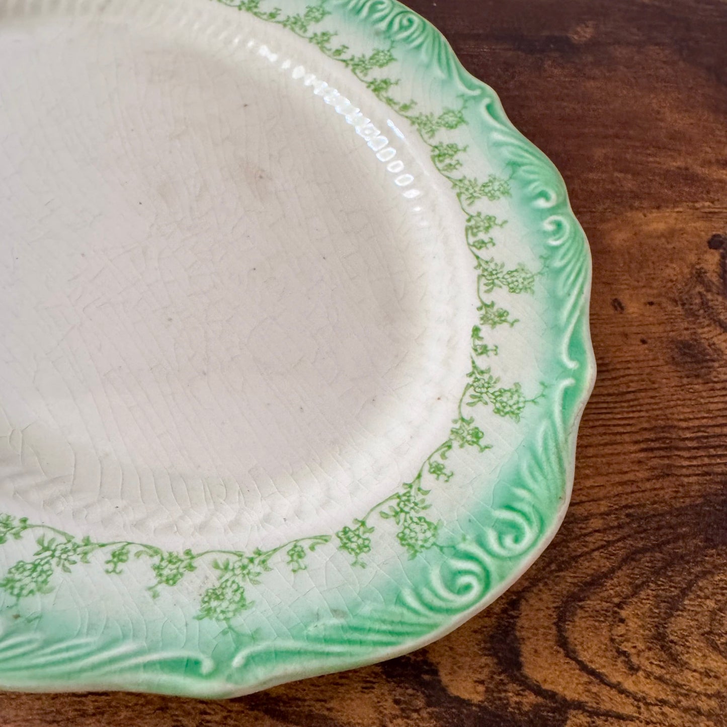 Antique Oval Serving Plate | Green Floral Border | Textured Scalloped Rim