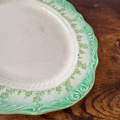 Antique Oval Serving Plate | Green Floral Border | Textured Scalloped Rim