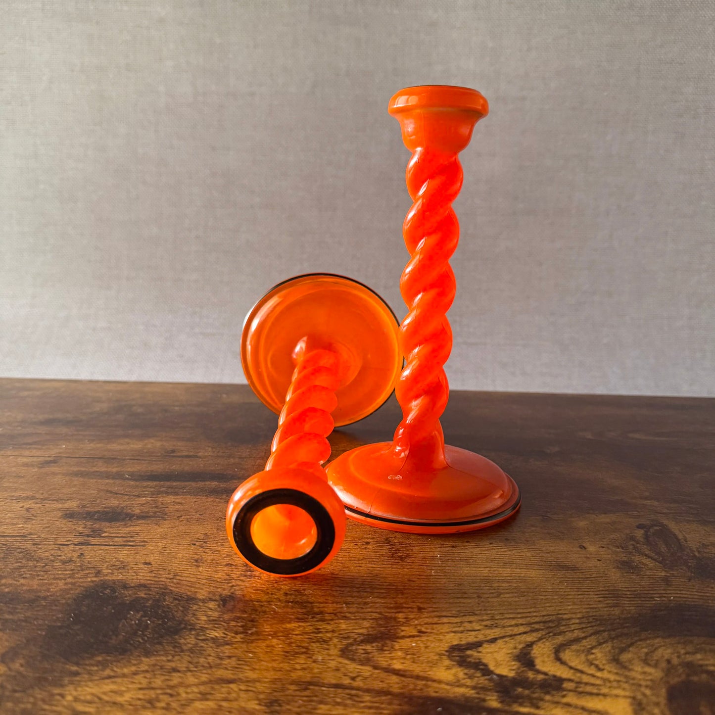 Vintage Orange & Black Glass Candlestick Holders | Spiral Twist | Set of 2