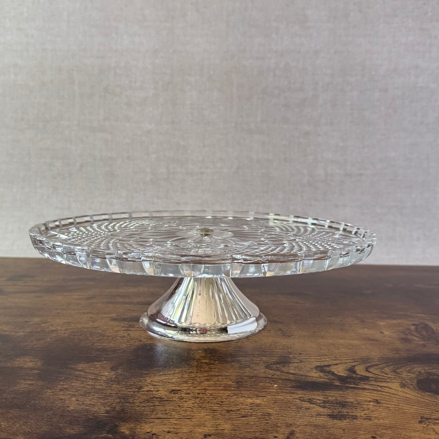 Vintage Cake Stand | Clear Pressed Glass | Metal Pedestal Base