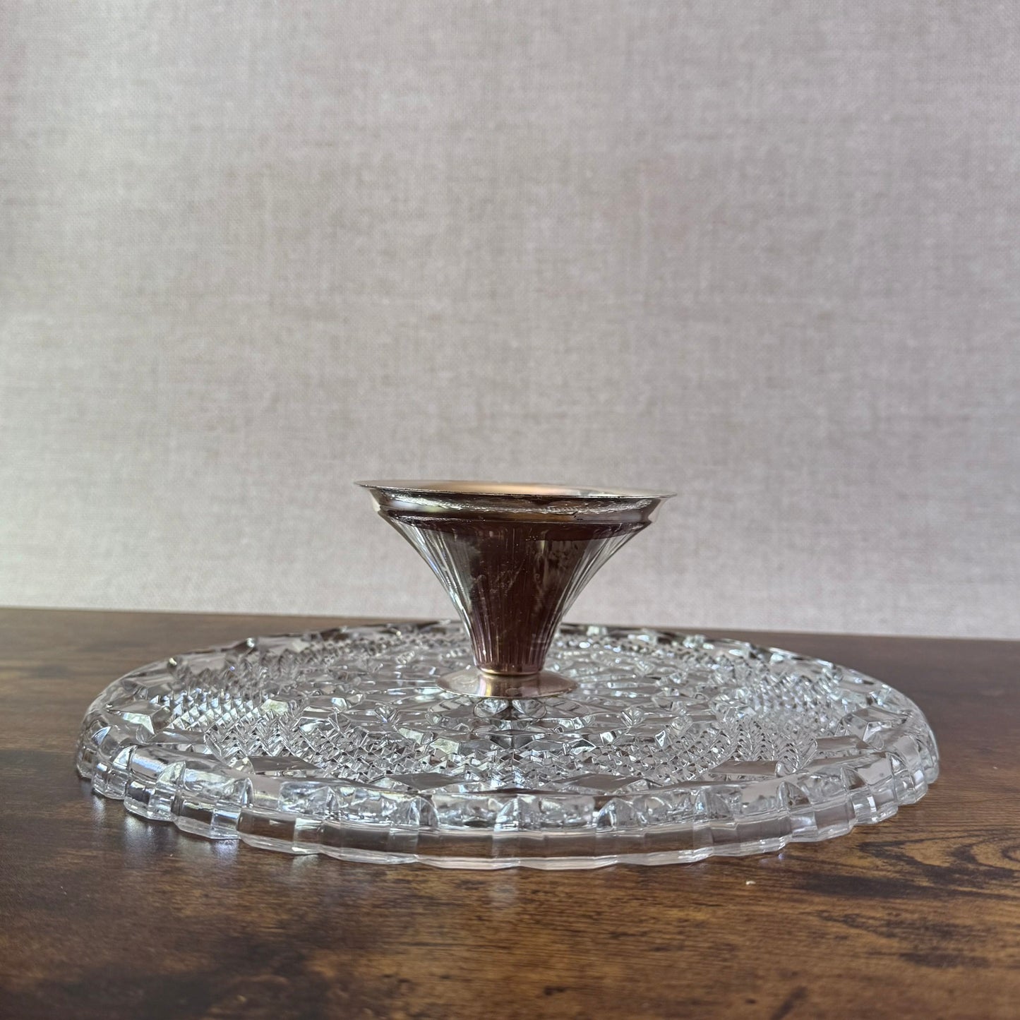 Vintage Cake Stand | Clear Pressed Glass | Metal Pedestal Base