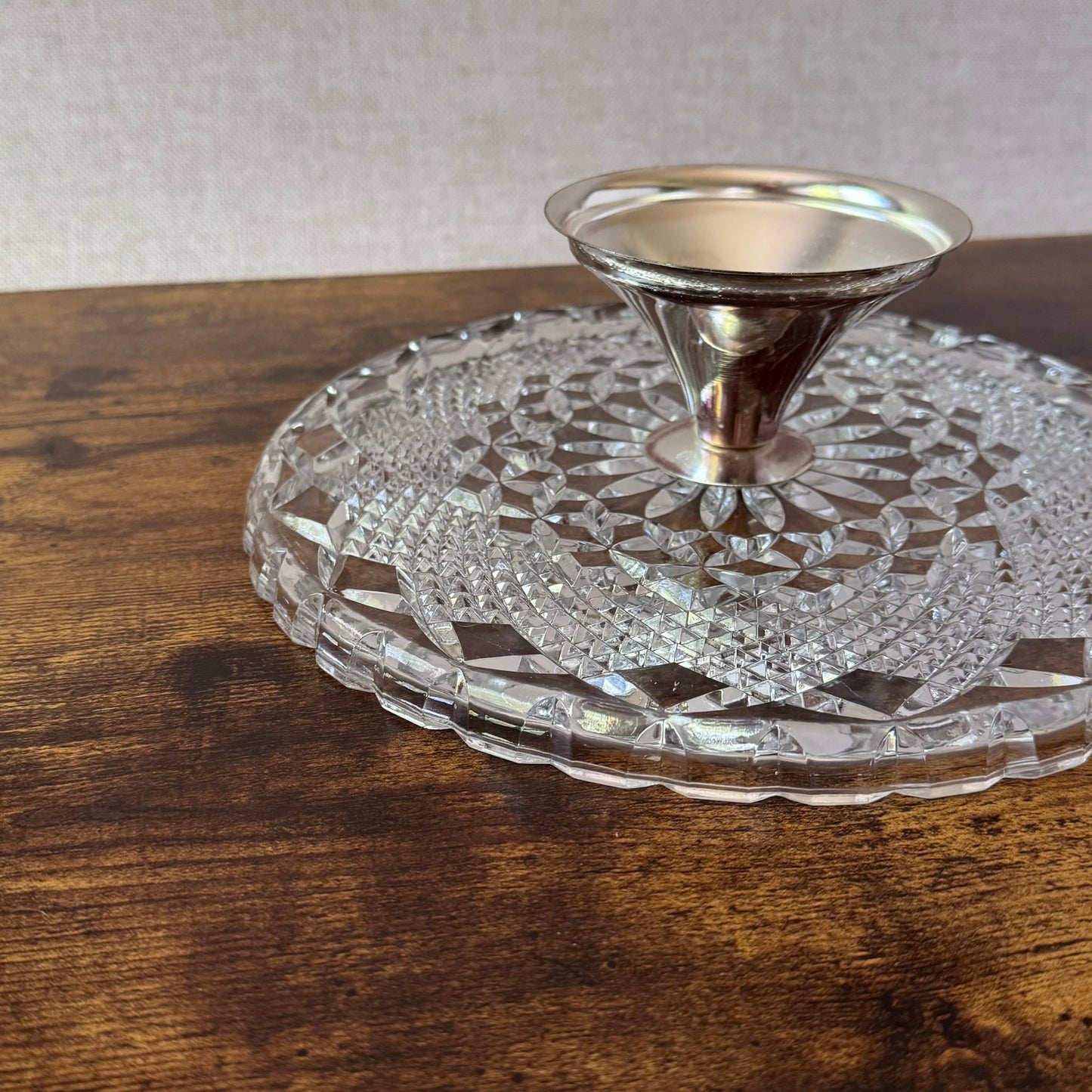 Vintage Cake Stand | Clear Pressed Glass | Metal Pedestal Base