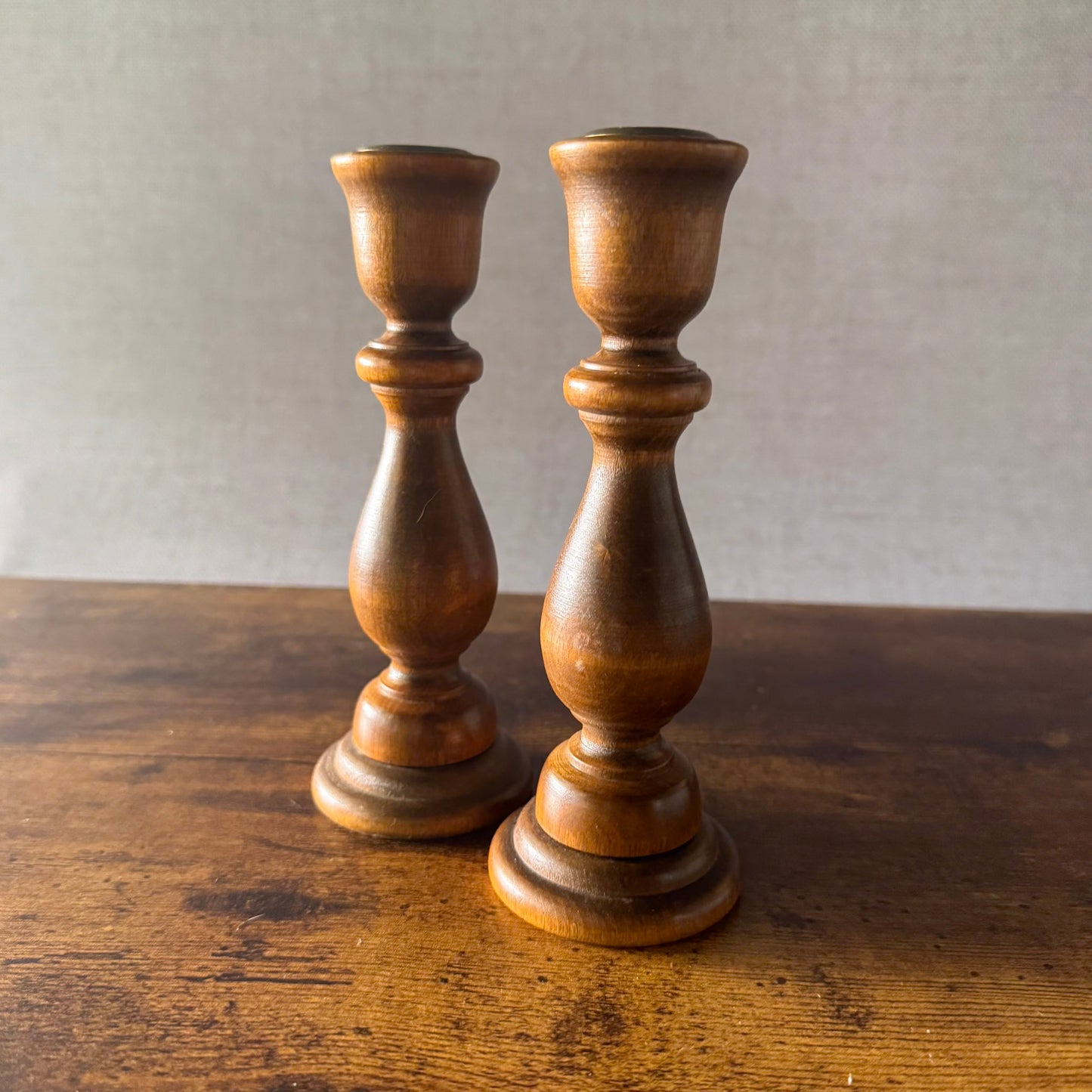 Vintage Turned Wood Candlestick Holders | Brass Inserts | Set of 2