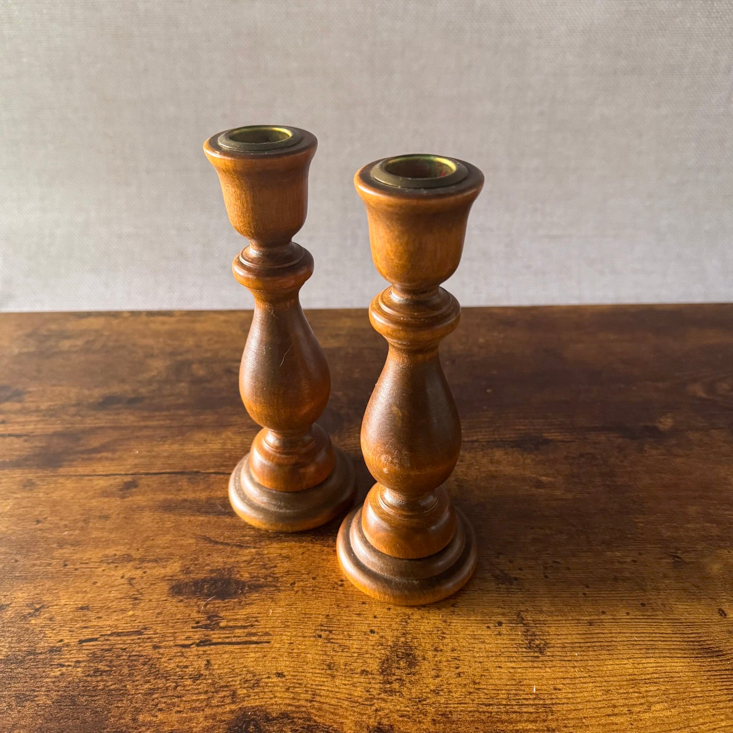 Vintage Turned Wood Candlestick Holders | Brass Inserts | Set of 2