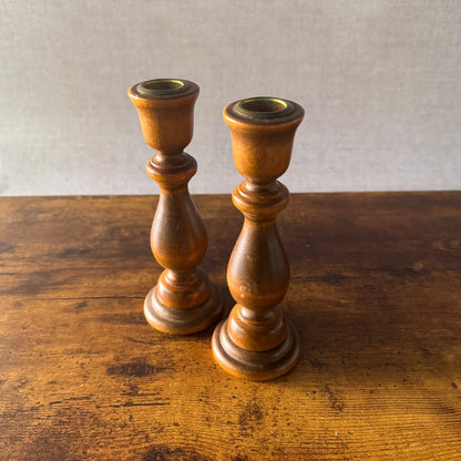 Vintage Turned Wood Candlestick Holders | Brass Inserts | Set of 2