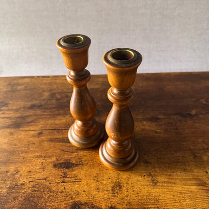 Vintage Turned Wood Candlestick Holders | Brass Inserts | Set of 2