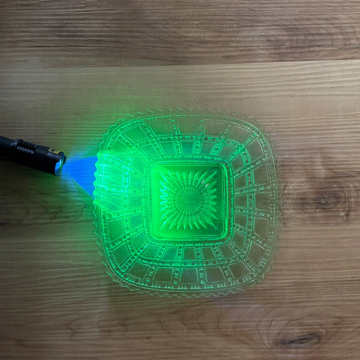 Vintage Pressed Glass Plate | Uranium Green Depression Glass | Imperial Glass Company Beaded Block