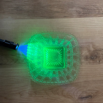Vintage Pressed Glass Plate | Uranium Green Depression Glass | Imperial Glass Company Beaded Block