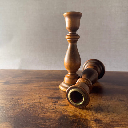 Vintage Turned Wood Candlestick Holders | Brass Inserts | Set of 2