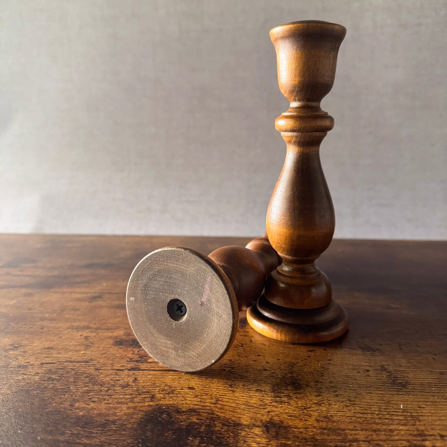 Vintage Turned Wood Candlestick Holders | Brass Inserts | Set of 2
