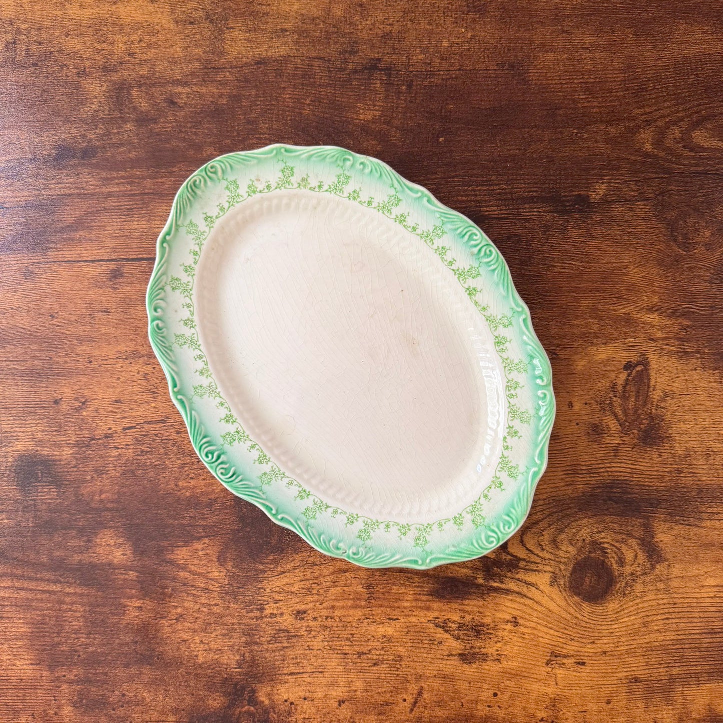 Antique Oval Serving Plate | Green Floral Border | Textured Scalloped Rim