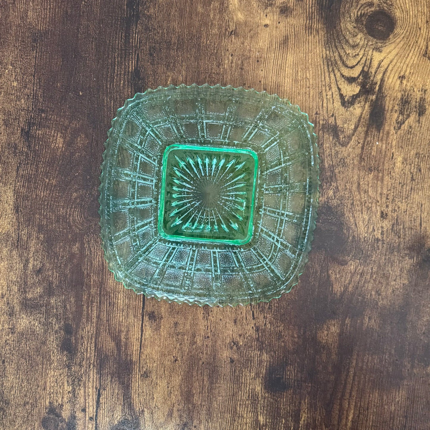 Vintage Pressed Glass Plate | Uranium Green Depression Glass | Imperial Glass Company Beaded Block