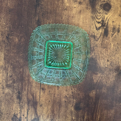 Vintage Pressed Glass Plate | Uranium Green Depression Glass | Imperial Glass Company Beaded Block