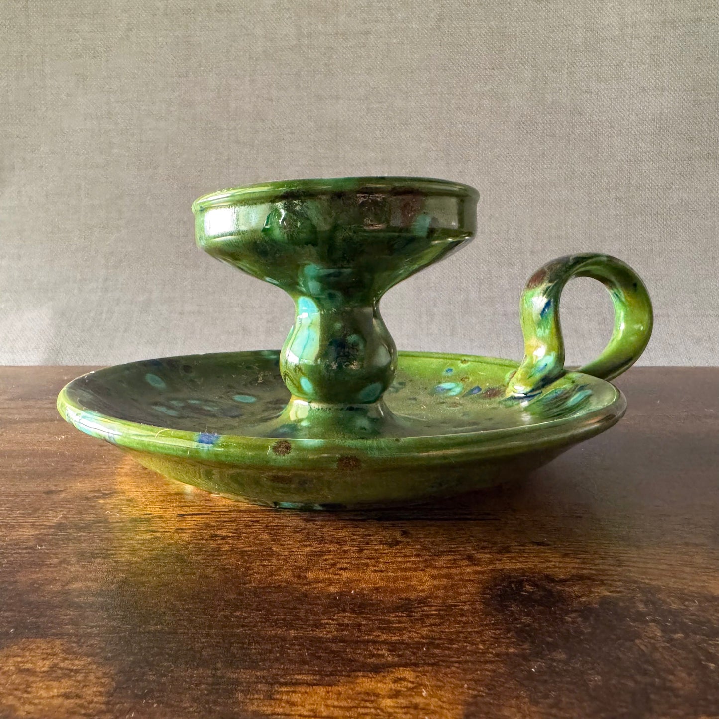 1975 Green Ceramic Chamberstick Candle Holder | Glazed Pottery
