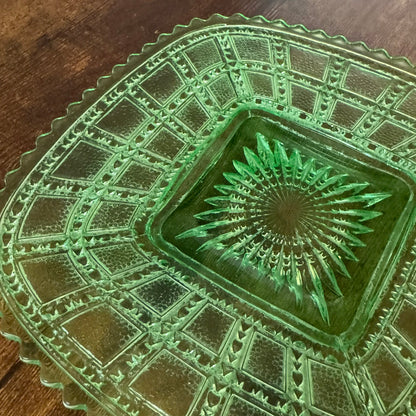 Vintage Pressed Glass Plate | Uranium Green Depression Glass | Imperial Glass Company Beaded Block