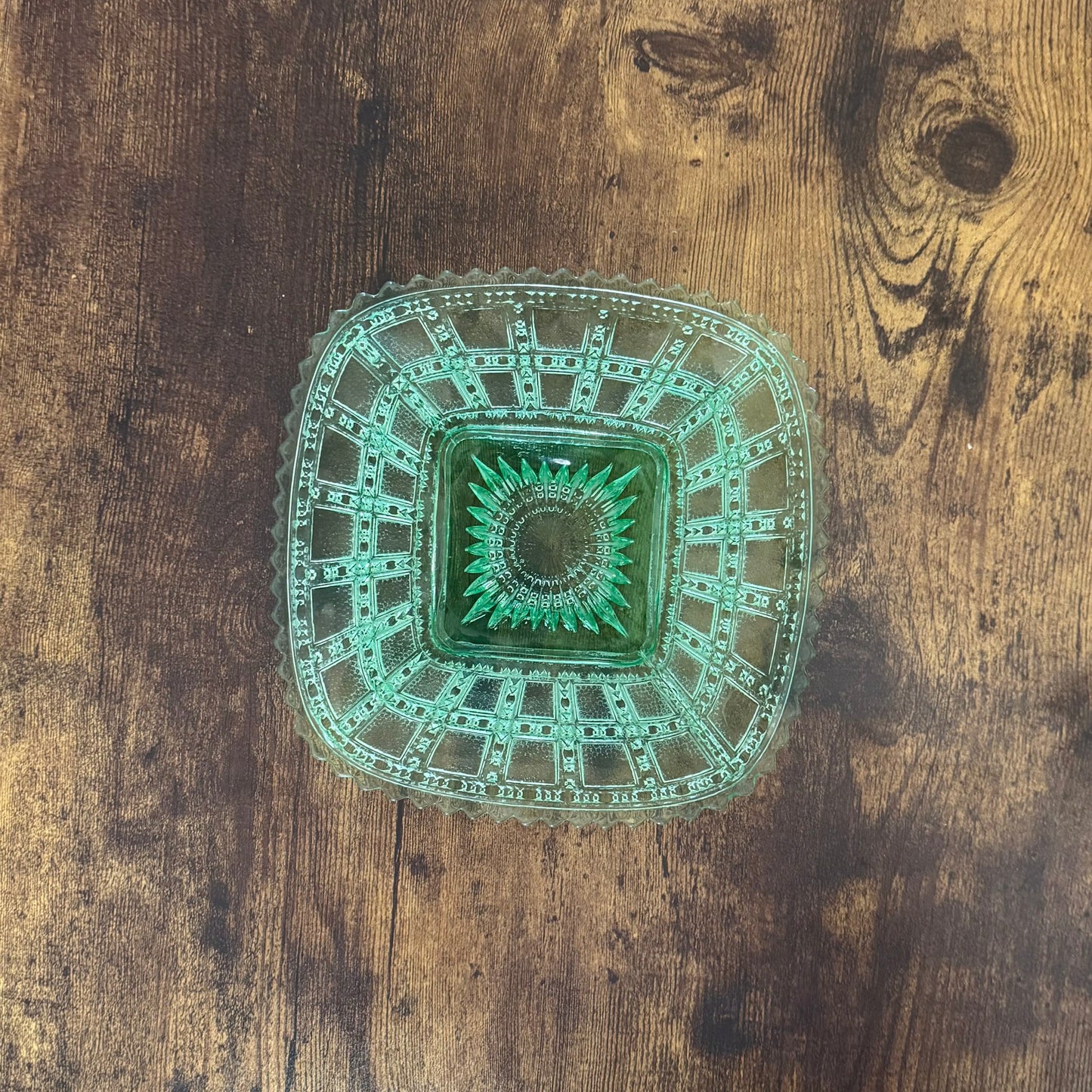 Vintage Pressed Glass Plate | Uranium Green Depression Glass | Imperial Glass Company Beaded Block