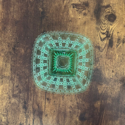 Vintage Pressed Glass Plate | Uranium Green Depression Glass | Imperial Glass Company Beaded Block