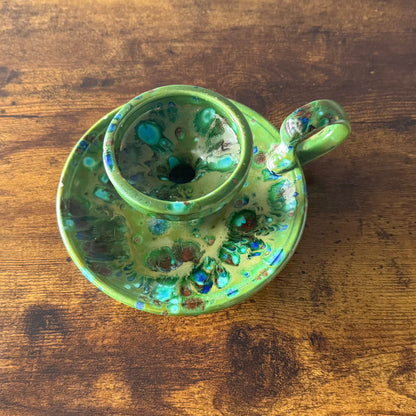 1975 Green Ceramic Chamberstick Candle Holder | Glazed Pottery