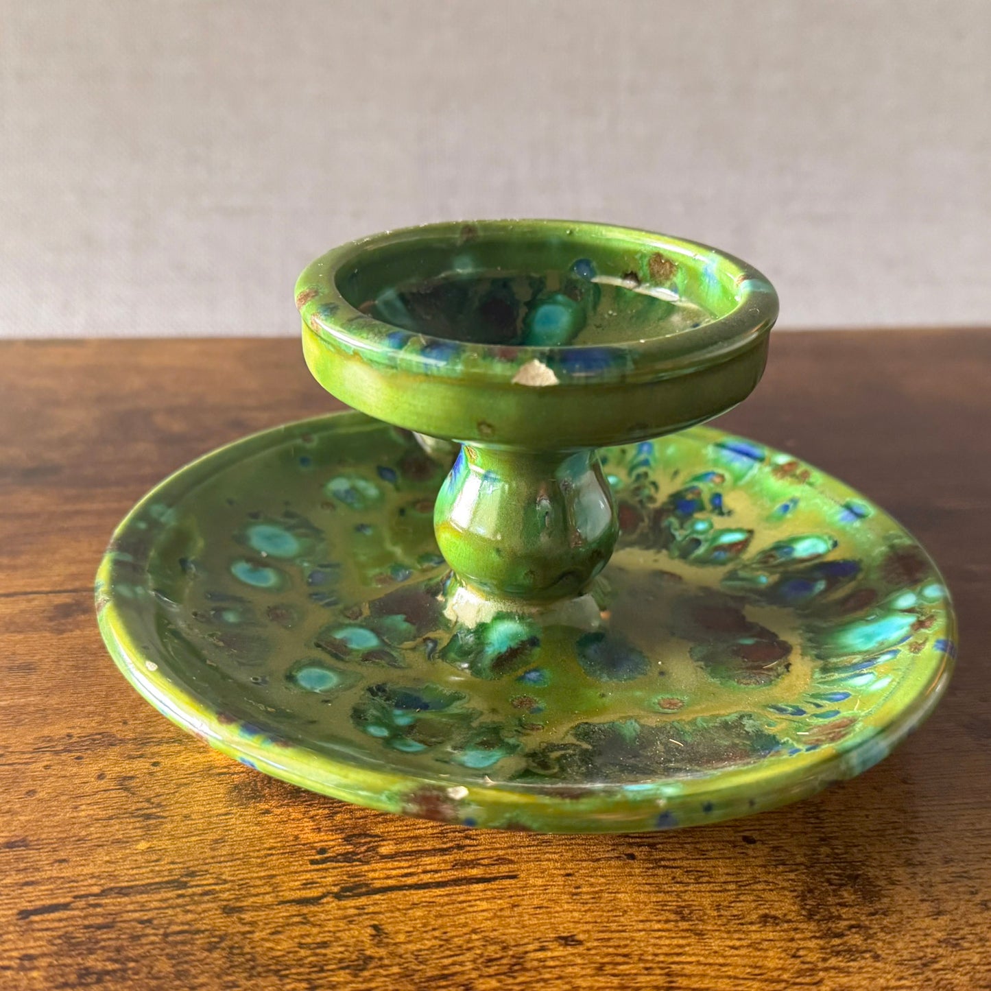 1975 Green Ceramic Chamberstick Candle Holder | Glazed Pottery
