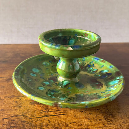 1975 Green Ceramic Chamberstick Candle Holder | Glazed Pottery