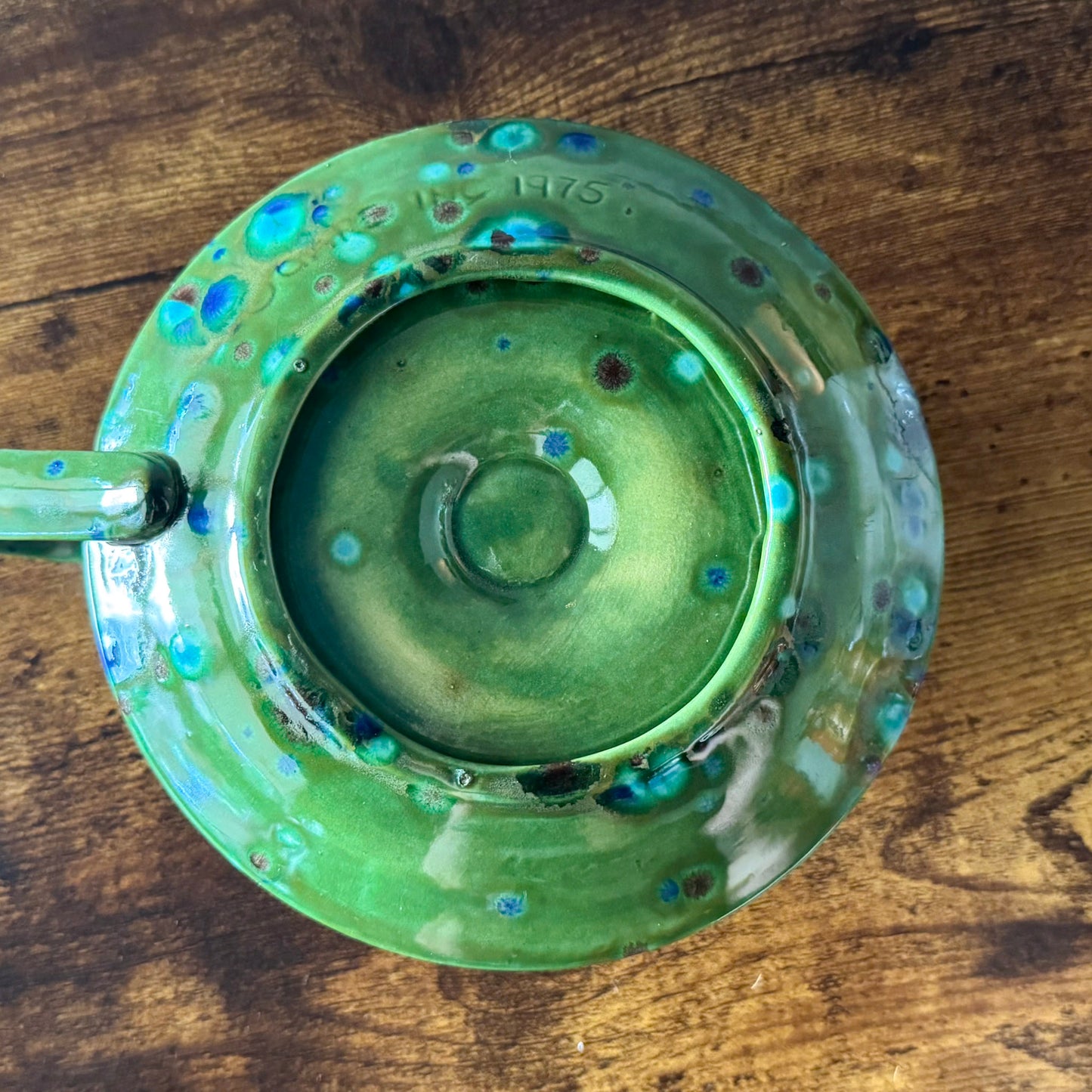 1975 Green Ceramic Chamberstick Candle Holder | Glazed Pottery