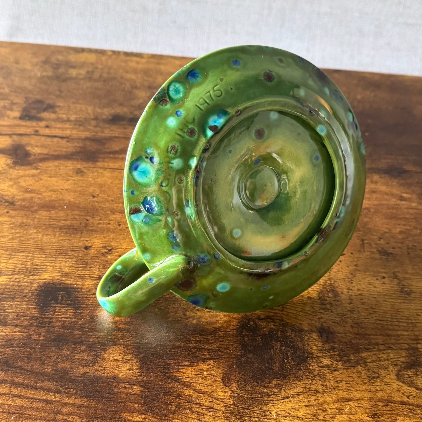 1975 Green Ceramic Chamberstick Candle Holder | Glazed Pottery